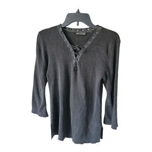 Dkny Jeans Sweater  Womens Sz M Black Knit 3/4 Sleeves Lace Up Side Slits Grunge